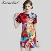 Fashion Designer Runway Summer Women's Short Sleeve 3D Floral Beading Beauty Print Applique Elegant Party Mini Dress 210416