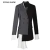 Frühling Frauen Kontrast Farbe Nähte Plissee Asymmetrische Blazer Retro Mid Lange Anzug Slim fit Jacke Mantel Oberbekleidung 210429