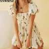 Klänning Elegant Vit Kvinnor Dag Klänning Floral Puff Sleeve Mini Party Lace-up Sexig Backless Summer Ladies Outfit 210520