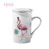 FSILE MARBLE Mönster Guldfälgens presentförpackning Set kaffepar Kvinnor Flamingo Cup Ceramic med handceremonin 210409