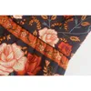 Bohemian Stream Flower Print Long Skirt Stitching Ruched Ruffle Hem Holiday Women Lacing up Waist Swing Skirts Beach 210429