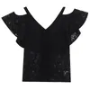 Кружевная футболка женщины с плеч Fit Teers дамы V-образным вырезом Летние повседневные элегантные вершины футболки большой размер с коротким рукавом 210507