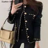 Шерстяная куртка с золотыми пуговицами, женская зимняя однобортная куртка с карманами, элегантное твидовое укороченное пальто, корейский деловой офисный наряд, осень 211025