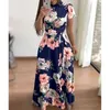 Talla grande VERANO DE VERANO MUJER MUJER MUJER CASUAL Funda de manga corta Impresión de flores Alto Cuello Vendaje Vestidos 210517