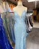 Sparkle Royal Evening Jurken 2023 3D BLOEMEN PAILIN PROM JADE HOOG SPLICT FIT EN FLAAR GLITTER PACEANT PACTEANT PARTIJ JURK SPAGHETTI V NEK VROUWEN Formele evenementenjurk