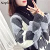 Neploe Sweter Cardigan Kobiety Jesień Zima Koreańska Gruba Knit Cardigans Argyle Oversized Hit Kolor Dzianina Zagranica Płaszcz 1E807 210423