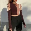 Heyoungirl Frill Hollow Out Cropped Tshirt Kvinnor Höst Mode Långärmad T-shirt Ladies Basic Patchwork Top Tees Streetwear Y0629