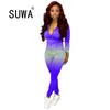 Gradient Print Women Hooded Zipper Up Tops + Pencil Jogger Pants Suit Active Wear Tuta a due pezzi Fitness Abiti sexy 210525