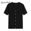 Yitimuceng T Shirts Woman Button Up Tees Unicolor White Black Purple Pink Tops Summer Korean Fashion Knitted Tshirts 210601