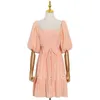 Summer Square Collar Puff Sleeve Solid Vestidos Hook Blomma Hollow Bowknot Drawstring Klänning Koreansk Sweet Femme Robe 210525