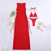 Kadın Mayo Melphieer 2021 Üç Adet Suit Bikini Üst Alt Örgü Kırmızı Plaj Elbise Uzun Kapak Up Kadın Beachwear Kıyafet Yüzmek