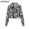 KPYTOMOA Kvinnor Fashion with Bow Tie Floral Print Croped Bluses Vintage Long Sleeve Buttonup Female Shirts Chic Tops 210401