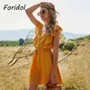 Foridol Wzburzyć Bez Rękawów Lato Żółta Sukienka Kobiety Sexy Backless Szydełka Krótka Plażowa Dress Casual Mini Dress 210415