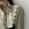 ビンテージ韓国のスタンド襟のシングルローバックルレースステッチ女性のシャツとブラウスルーズランタンスリーブシャツ女性12767 210508