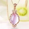 Wholesale CZ Crystal Pink Opal Pendant Necklace Chokers Rose Gold Color for Women Girls Ross Quartz Cute Gift G1206