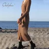Sonbahar Kış Kadın Uzun Kollu Tek Göğüslü Gevşek Kuşaklı Maxi Örme Kazak Elbise 210415