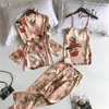 3PCS Women Pajamas Set Lady Emulation Silk Pyjama Sets Flower Sleepwear Female Leopard Satin Homewear With Removable Padded 211112