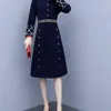 Herfst blauwe elegante geborduurde jurk vrouwen plus size lange mouw ol stijl vintage partij A-lijn jurken vestidos mujer 210513