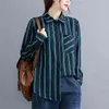 Otoño Arts Style Mujeres Manga larga Camisas sueltas Todo combinado Casual Solo bolsillo Blusa a rayas Femme Tops Tamaño grande M656 210512