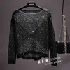 Qooth Women Sequined Knit Tops Long Batwing manga gran blusa de cuello O bling lentejuelos camisa de punto de punto femme de tejido de punto QH2160 210518