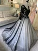 2021 Black and Ivory Gothic Wedding Dresses Gowns With Long Sleeves Sequined Lace Tulle Open Back Non White Colorful Bride Dress For Wedding