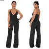 Kvinnors Jumpsuits Rompers Lemon Gina 2021 Kvinnor Spaghetti Strap V-Neck High Waist Sashes Straight Long Jumpsuit 7 Färger Romper Sexy Plays