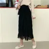 Vrouwen Solid Ruffle Mesh Frans Elegant Chic Spring Casual Simple Long Rok White Harajuku All-Match Black Plooited Rokken 210421