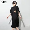 [Eam] kvinnor svart mönster tryckt stor storlek klänning lapel halv ärm lös passform mode vår sommar 1dd7739 210512
