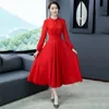 Casual Jurken Chiffon Jurk Dames Rood Zwart M-5XL Plus Size Lange Mouw 2021 Lente Zomer Koreaanse Boog Kraag Slanke Partij Maxi LR789