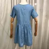 Denim Elbise Kadın Ruffles Kısa Kollu Mini Elbise Yaz Gevşek Yuvarlak Yaka Cep Eğlence A-line Elbise Giymek Vestidos Mujer 210416