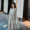 Moda Elbise Kadın Bahar Modeli Kore kadın Çiçek Bel Boyun Çizgisi Kravat Şifon Uzun kollu 210520