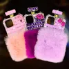 Custodie per bottiglie di profumo di lusso Bling Glitter Winter Style Fur Ball Diamond con cordino a catena per iPhone 12 Mini 11 Pro MAX 8 7 6 Samsung S8 S9 S10 S20 Plus S21 Ultra Note 10 20