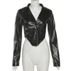 レディースジャケットレディース2022 VネックPUレザークロップド女性ブラック長袖ファッションビンテージバイカーコート90SアウトウェアY2K