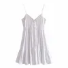 Weißes kurzes Kleid Frau bestickt Blumen Slip Mini Sommer Frauen Cutwork geraffte Rüschen Strand Sexy es 210519