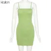KLALIEN Femmes Mode Élégant Streetwear Sangle Mini Robe D'été Solide Vert Tricot Stretch Slim Bureau Dame Robes 211029