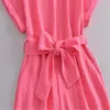 ZA Summer Women Belted Short Jumpsuit Short Sleeve Vintage Pink Playsuit Fashion Back Opening Woman Pleated Jumpsuits 210602