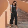 Square Collar Button Solid Color Pocket Sleeveless Wide Leg Rompers Women Casual Streetwear Plus Size Loose Long Jumpsuits 210608