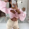 Vintage Lantern Sleeve Ruched Blouse Tops Dames Herfst Winter Bowknot Front Cut Pink Crop Chic Blusa Mujer 210427