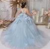 Light Blue Quinceanera Dresses 2021 Sheer V Neck Tulle Bow Tiered Appliques Sequins Princess Sweet 16 Prom Gown Vestidos De 15 Años Masquerade Dress