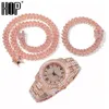 Orologio baguette hip-hop + collane + braccialetto 12MM ghiacciato con strass rosa pavimentato catena cubana Miami Prong per donna uomo catene di gioielli