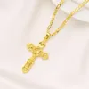 14k Yellow Solid Gold GF Italian Jesus Crucifix wide Cross Pendant Figaro Link Chain Necklace 24" Womens Mens 3mm