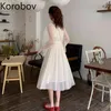 Korobov coréen dentelle patchwork solide élégant robe taille haute hanche une ligne robe col carré bouffée à manches longues partie Ropa 210430