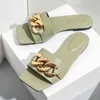 2021 Summer Home Flat Slippers Women Hairy Faux Fur Slides Metal Chain Sandals Soft Cozy Flip Flops Fashion Hollow Casual Shoes H1122