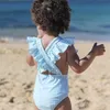 Children Girls Sriped Cross Back Bathing Suit for Kids Colorful Plaid Teenager Ruffles Swimwear 210529