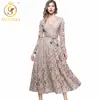 HIGH QUALITY Fashion Runway Maxi Dress Women's Long Sleeve Sexy V-Neck Lace Dresses Vestidos 210520