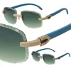 Nouveaux lunettes de soleil sans monture avec diamants micro-pavés Blue Wood Metal Luxury Lunettes de soleil rondes surdimensionnées Cadre masculin et féminin Or 18 carats Lentille UV400 Taille des lunettes: 60