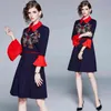 Fashion Embroidered Autumn Women Elegant Flare Sleeve Contrast Turn-Down Collar Vintage Slim Office Lady Dress 210416