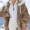 패션 여성의 겨울 재킷 플러시 패치 워크 지퍼 포켓 후드 솔리드 재킷 여성 복고풍 느슨한 긴 소매 플러스 사이즈 코트 211110