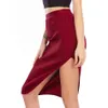 Gratis Mode Kvinnor Midi Skirt Striped High Waist Sexig Split Elastic Burgundy Bodycon Pencil 210524