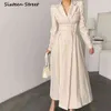 High Waisted Maxi Dresses for Women Long Sleeve Double Breasted Chic Korean Fashion Notched Vestido De Mujer Elegant Vintage Y2k Y1204